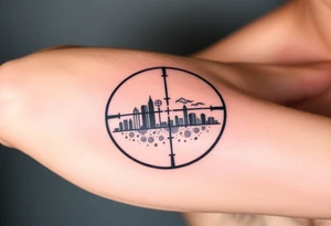 scope crosshairs with eerie Los Angeles city horizon in background tattoo idea