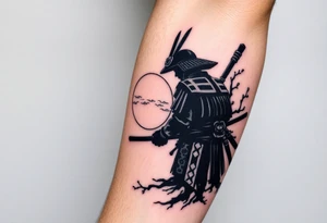 noble samurai warrior silhouette at sunset with cherry blossoms tattoo idea