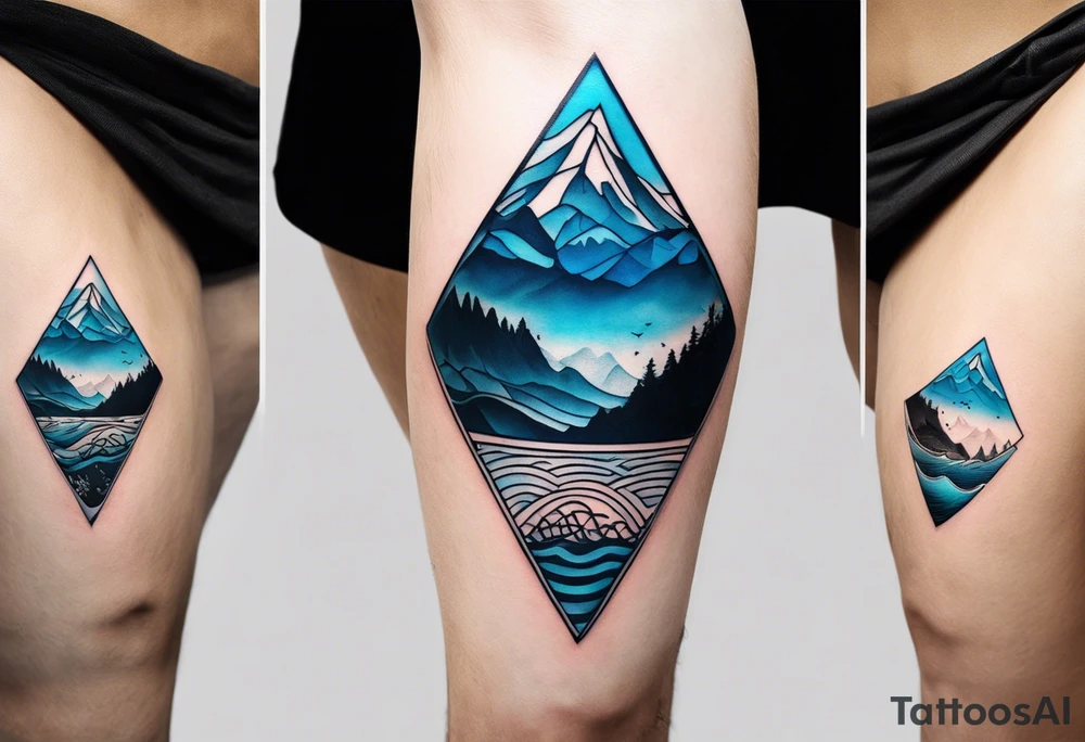 This is a minimalistic tattoo split into 2 distinct sections; a top half and a bottom half. The top half is a mountain in Norway with a windy mountain bike trail wrapping around the mountain. The bottom half of the tattoo depicts an underwater ocean scene, featuring blue water and sea life. tattoo idea