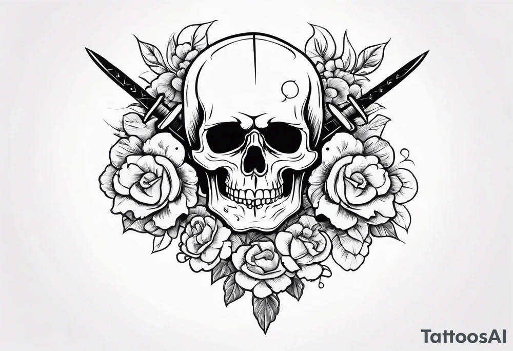 Skull with a sword stabbing through chin all the way to the top of head with flowers around the sword tattoo idea