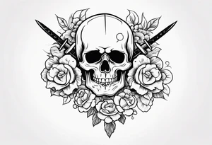 Skull with a sword stabbing through chin all the way to the top of head with flowers around the sword tattoo idea