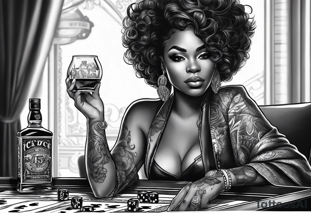 black woman with dice, cards, whiskey. and casino chips tattoo idea