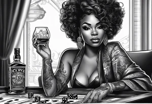 black woman with dice, cards, whiskey. and casino chips tattoo idea