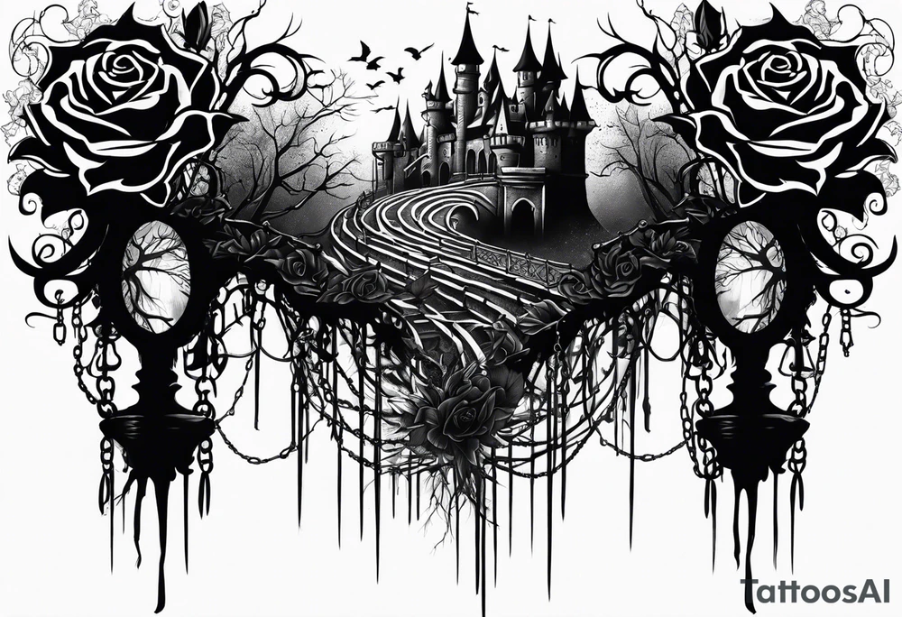 tattoo fool sleeve, dark gothic castle, tree roots break out of the chains, broken mask, roses tattoo idea