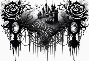 tattoo fool sleeve, dark gothic castle, tree roots break out of the chains, broken mask, roses tattoo idea