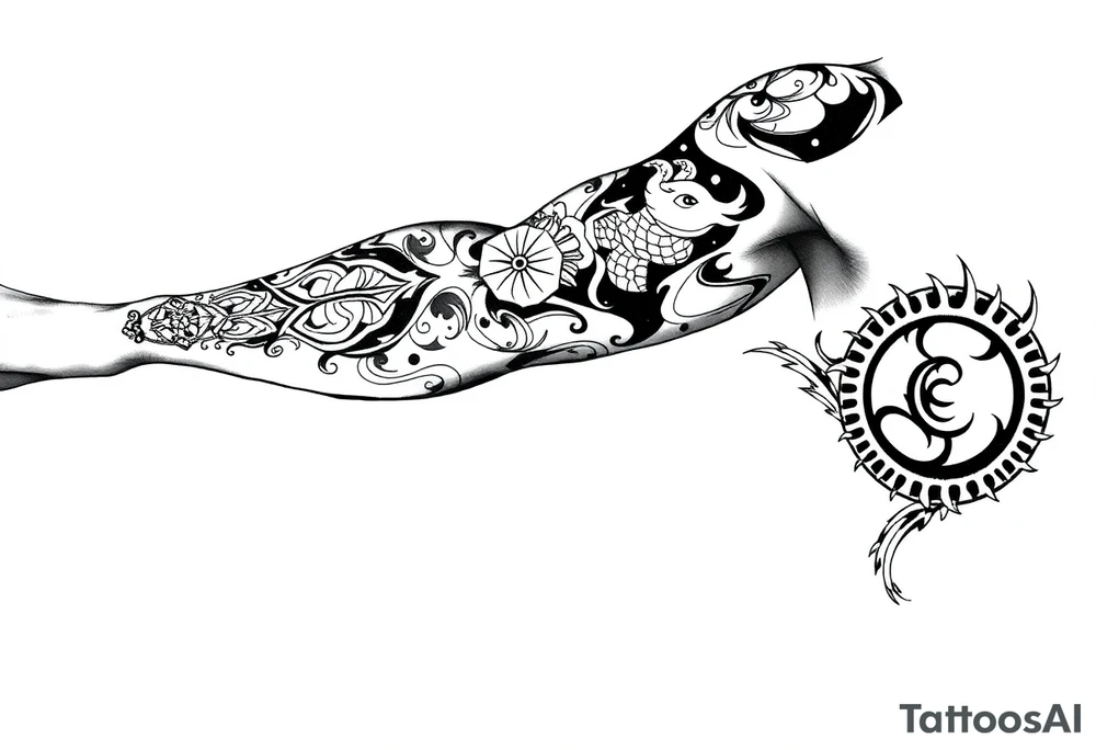 Tribal Sicilian sleeve with patterns
And symbols with a Leo symbol on forearm tattoo idea