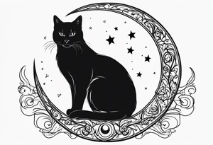 silhouette of full body black cat sitting on outline of crescent moon, simple tattoo idea
