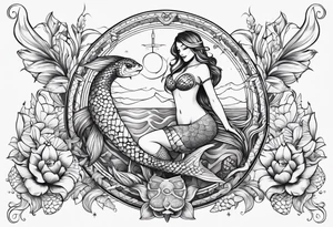 Lower leg tattoo. Mermaid with trident and crown, sea turtle, compass, shells, flowers, cresent moon tattoo idea