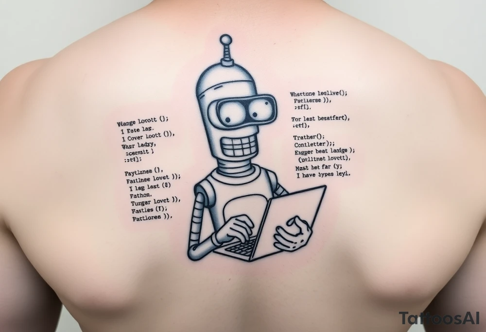 Tattoo design of a humorous robot inspired by Bender from Futurama, holding a laptop or typing on a keyboard, surrounded by lines of code in a programming language like Python or C#. Include funny text tattoo idea