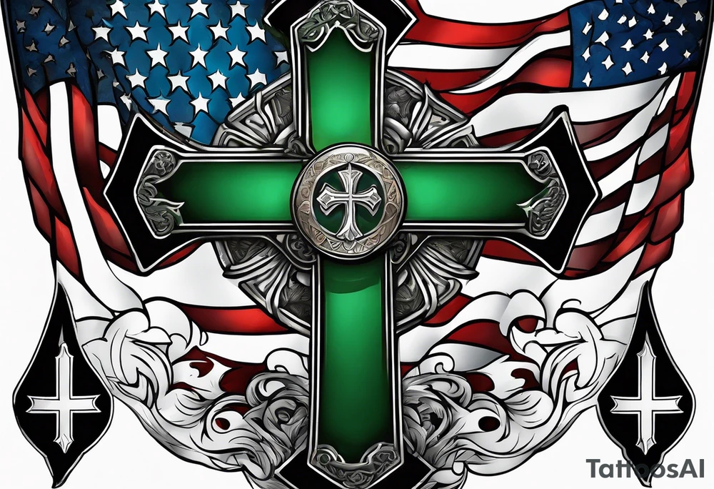 Keltic cross with tattered anerican flag hanging over one and matching Irish flag on other tattoo idea