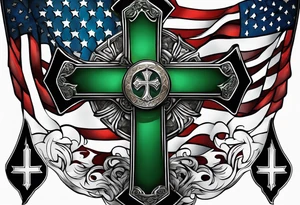 Keltic cross with tattered anerican flag hanging over one and matching Irish flag on other tattoo idea