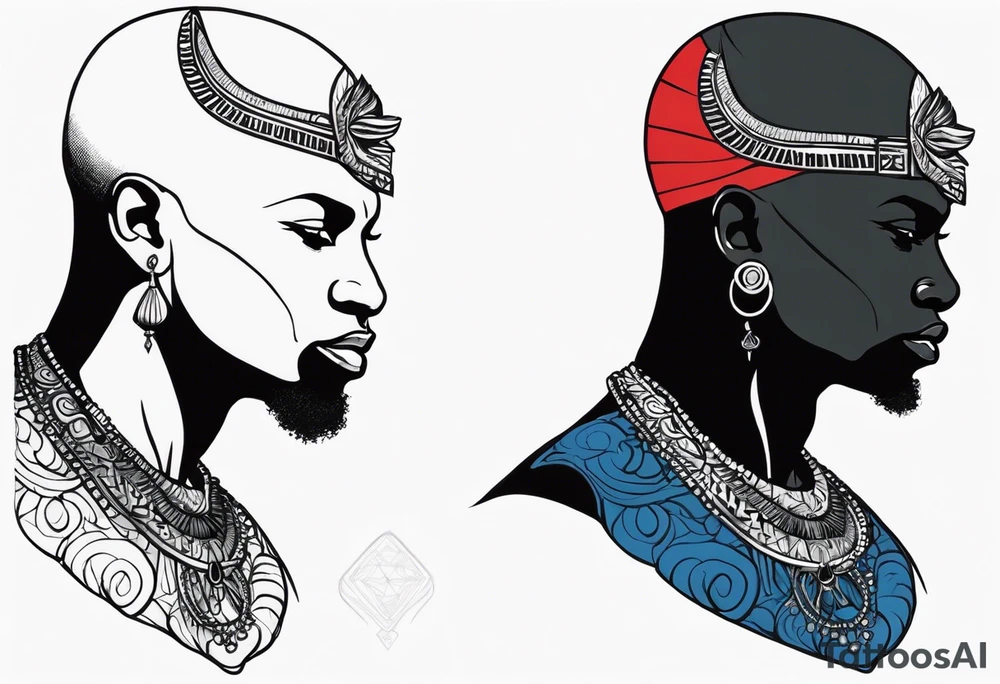 Black-skinned bald african warrior. He wears a simple and small silver crown. He uses blue and red necklaces tattoo idea