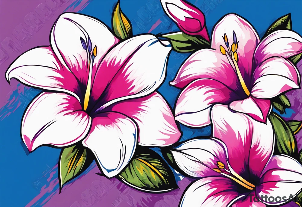 negative space mandevilla flowers over a brushstroke background of blue, pink and purple tattoo idea