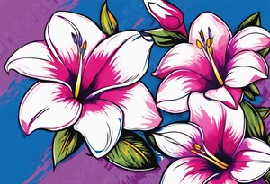 negative space mandevilla flowers over a brushstroke background of blue, pink and purple tattoo idea