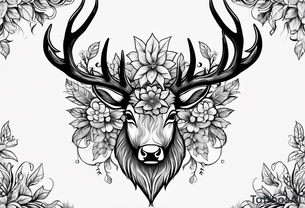 antler with flower tattoo idea