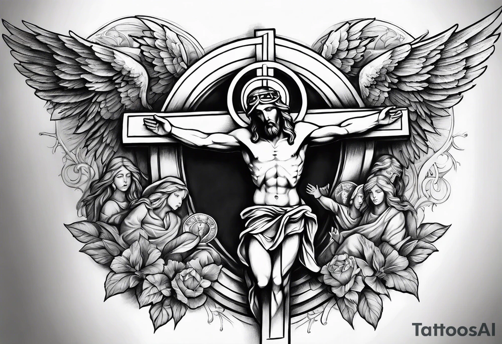 cross with jesus and angels tattoo idea