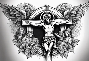cross with jesus and angels tattoo idea