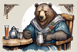 a medieval bear-human hybrid with a long beard wearing a tunic and coif and drinking from a pewter mug in a tavern, sitting in a chair, smiling tattoo idea