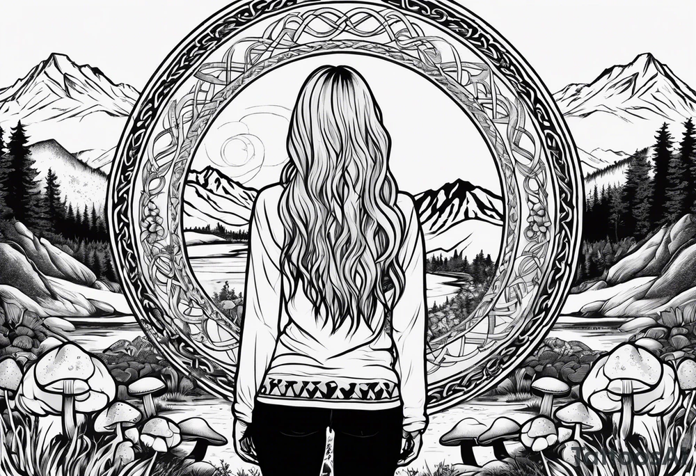Whole picture encircled fully

Straight long blonde hair hippie girl in distance holding mushrooms in hand facing away toward mountains and creek surrounded by mushrooms long sleeve shirt and hiking pants; whole rendering within a full celtic circle border, no cut off circle tattoo idea