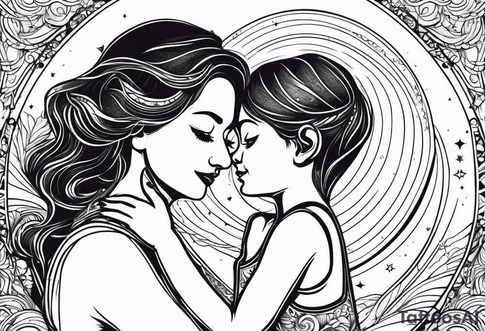 Says I love you to the moon and back mum, with detailed picture of a mother and daughter on a moon hugging tattoo idea