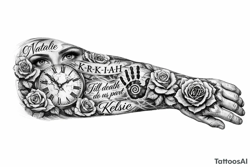 I'd like a full arm length tattoo with three names, Natalie, K-R-K-I-A-H, and Kelsey, K-E-L-S-I-E. I want a clock face, and my roses spread through the tattoo. I want the words, Till death do us part, written in there. I want Aboriginal handprints. I want a set of eyes. And on my hand, back of my hand, I want a rose with the letters WJP in it. tattoo idea