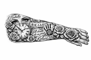 I'd like a full arm length tattoo with three names, Natalie, K-R-K-I-A-H, and Kelsey, K-E-L-S-I-E. I want a clock face, and my roses spread through the tattoo. I want the words, Till death do us part, written in there. I want Aboriginal handprints. I want a set of eyes. And on my hand, back of my hand, I want a rose with the letters WJP in it. tattoo idea