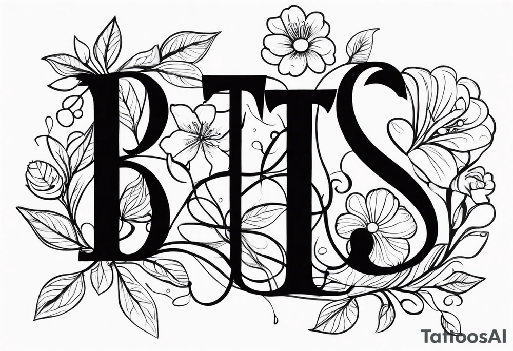 The letters "BTTS" written in a flower stem tattoo idea