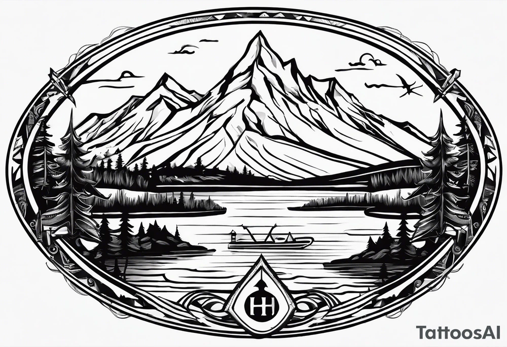 The word "HARK" as a banner with a mountain, a carabiner, compass, and a lake in a circular design tattoo idea