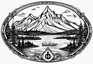 The word "HARK" as a banner with a mountain, a carabiner, compass, and a lake in a circular design tattoo idea