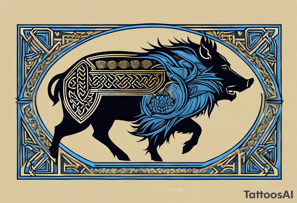 Side profile, Celtic, tribal, wild boar, On a Chatwin family crest with blue background, two gold stars, and a gold Chevron, and a Thistle. With bold black tribal lines. ancient Celtic, tribal boar tattoo idea