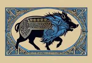 Side profile, Celtic, tribal, wild boar, On a Chatwin family crest with blue background, two gold stars, and a gold Chevron, and a Thistle. With bold black tribal lines. ancient Celtic, tribal boar tattoo idea