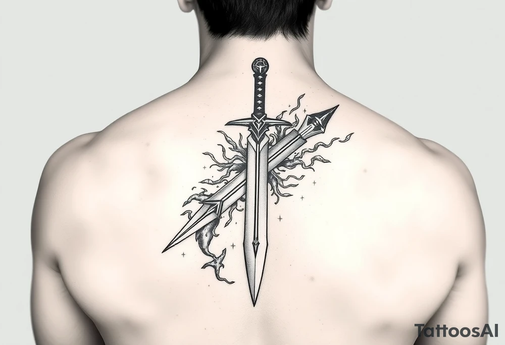 Cloud strife buster sword with materia surrounded by life stream tattoo idea