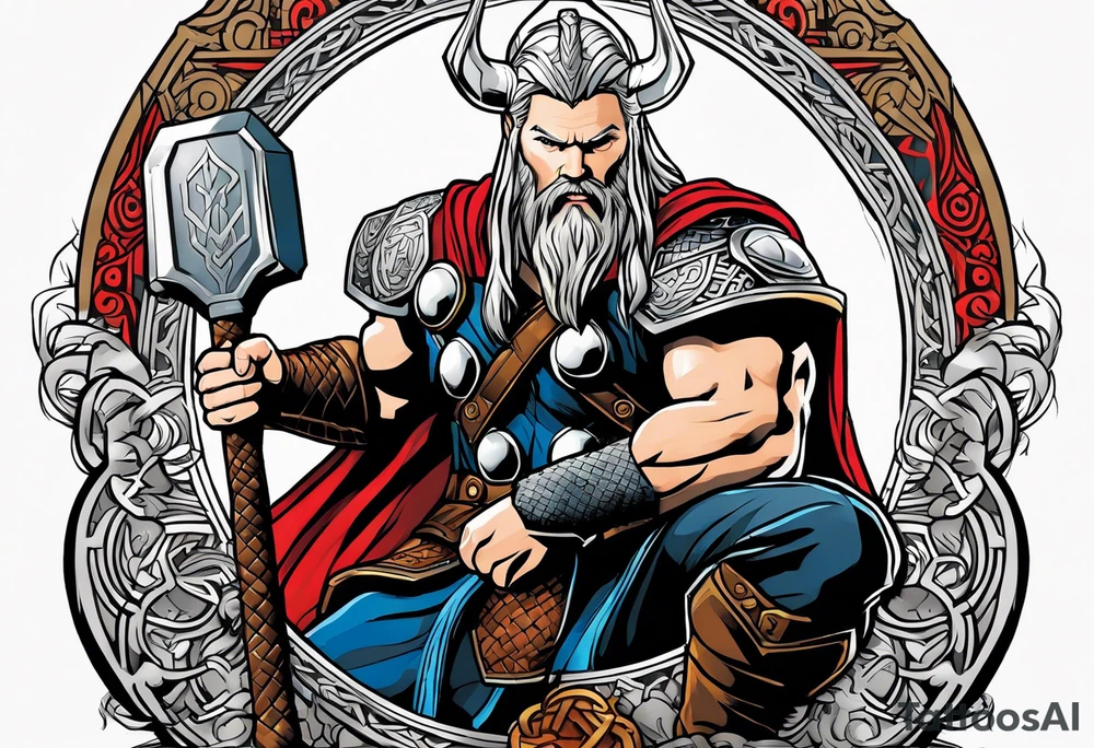 Thor in color with him holding mjolnir and a vignette of viking rune design tattoo idea