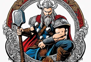 Thor in color with him holding mjolnir and a vignette of viking rune design tattoo idea