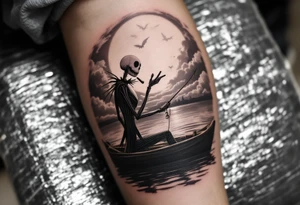 jack skellington in sun spotlight fishing in boat, on calm river, smoking cigar, big clouds, waving at angels in sky. tattoo idea