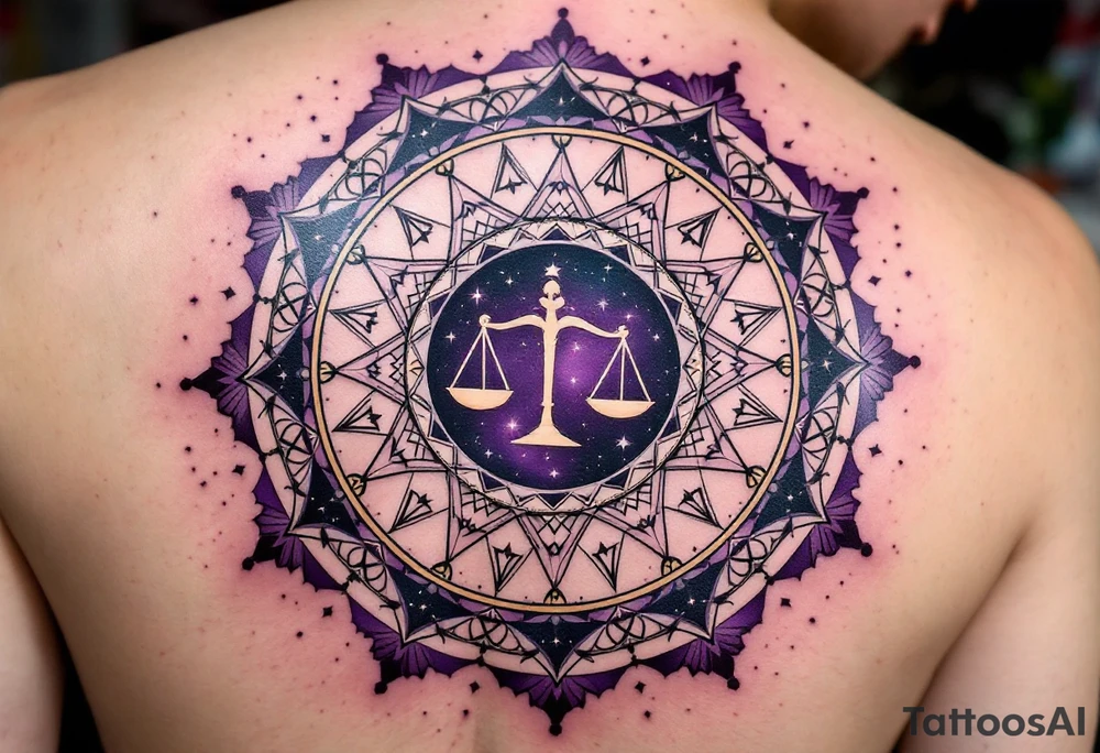 A  cosmic mandala in deep purple encircles the Libra constellation with the zodiac glyph at its heart. tattoo idea