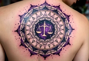 A  cosmic mandala in deep purple encircles the Libra constellation with the zodiac glyph at its heart. tattoo idea
