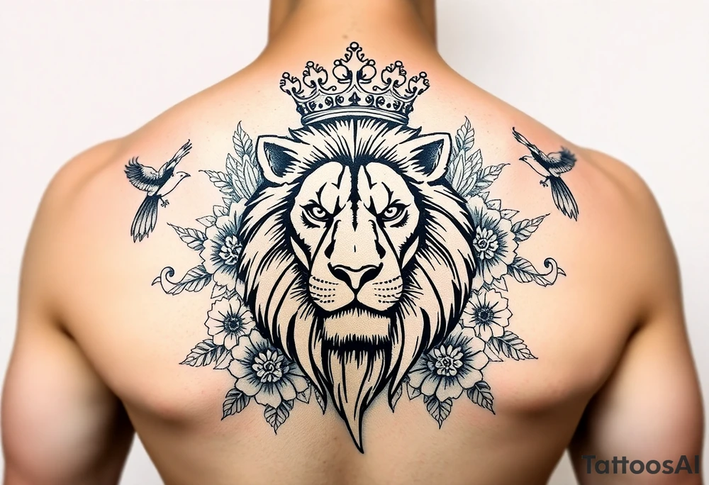 powerful majestic lion with a crown, surrounded by floral ornaments and birds tattoo idea