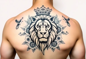 powerful majestic lion with a crown, surrounded by floral ornaments and birds tattoo idea