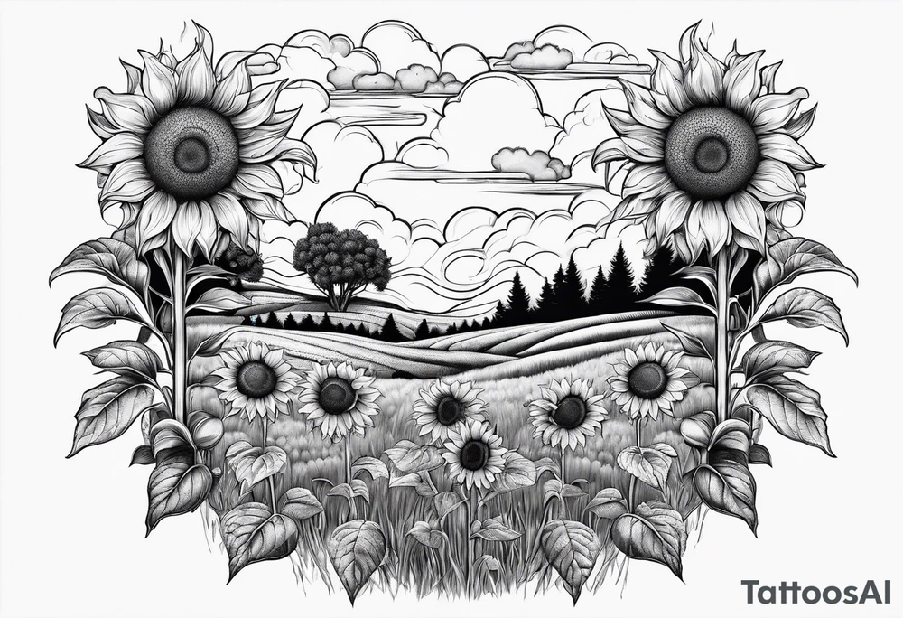 dreamy sunflower meadow valley with two large bumble occupying the sky with perfect cumulous clods tattoo idea