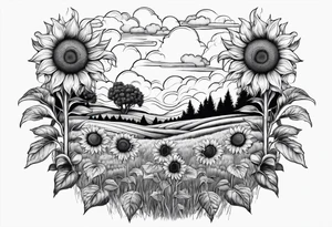 dreamy sunflower meadow valley with two large bumble occupying the sky with perfect cumulous clods tattoo idea