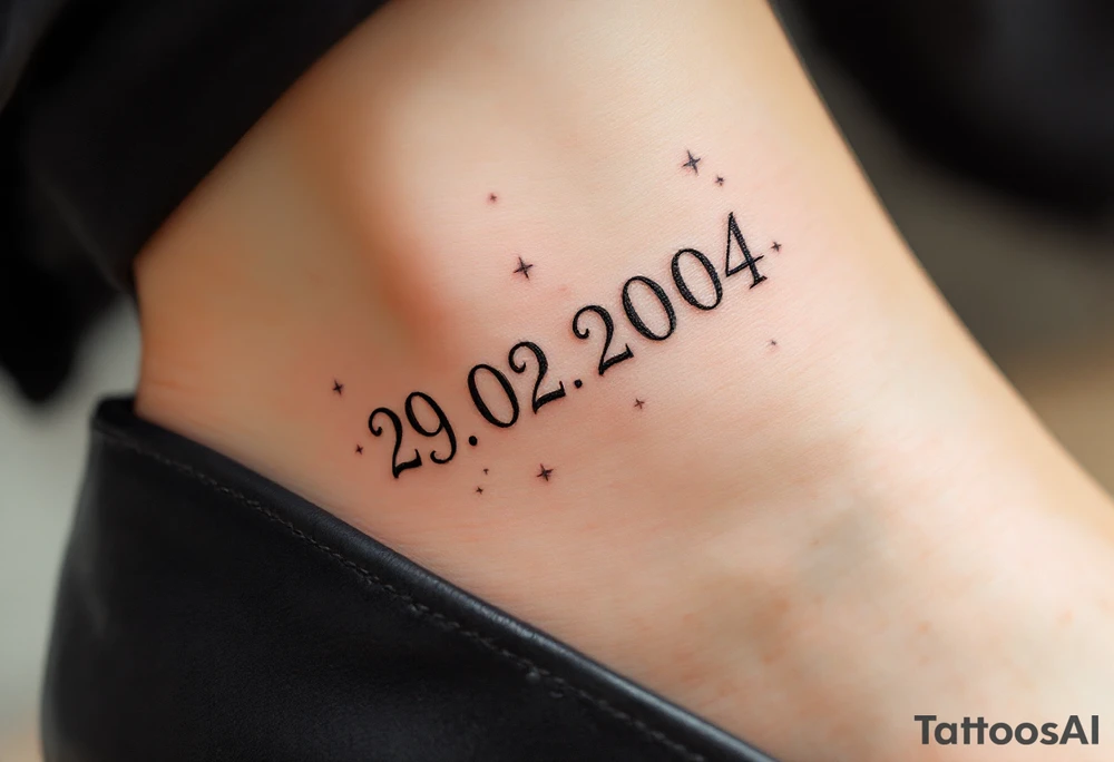 Hand-drawn date 29.02.2004 in a faded graphite tone with small stars scattered around it. tattoo idea