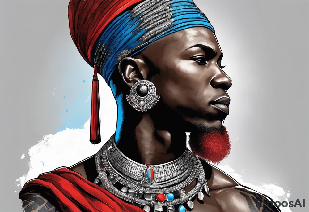 Black-skinned bald african warrior. He wears  a small silver crown. He wears two simple necklaces: one blue, other red. tattoo idea