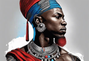 Black-skinned bald african warrior. He wears  a small silver crown. He wears two simple necklaces: one blue, other red. tattoo idea