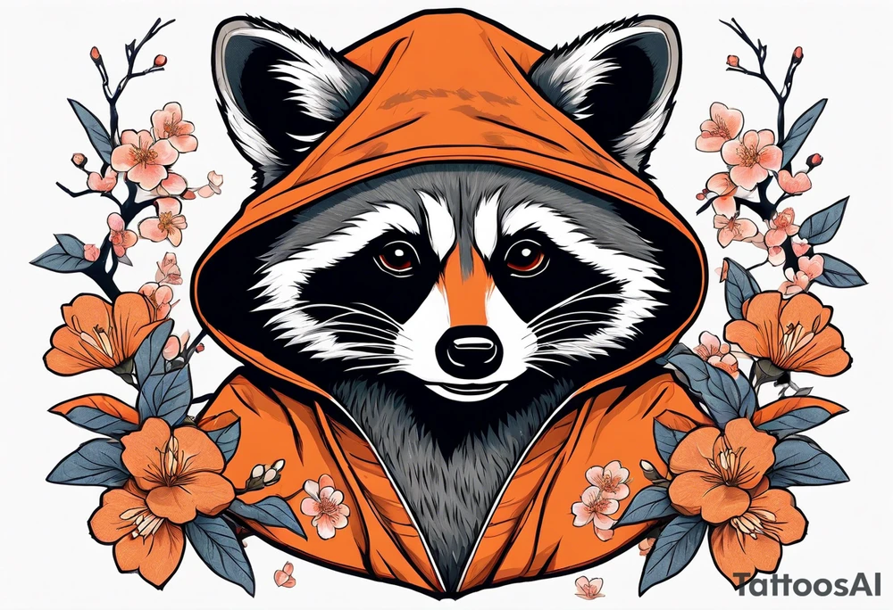 raccoon wearing a Superman hoodie with orange Japanese cherry blossoms tattoo idea