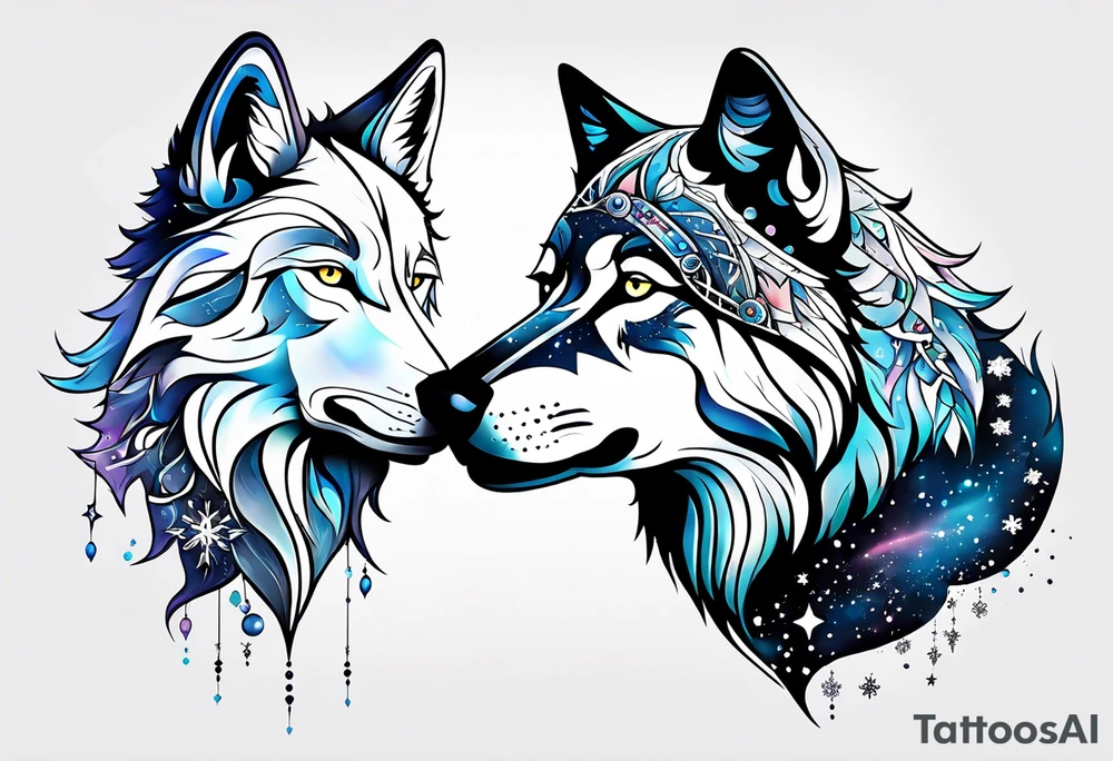 Constellation, two animal wolf, snowflake tattoo idea