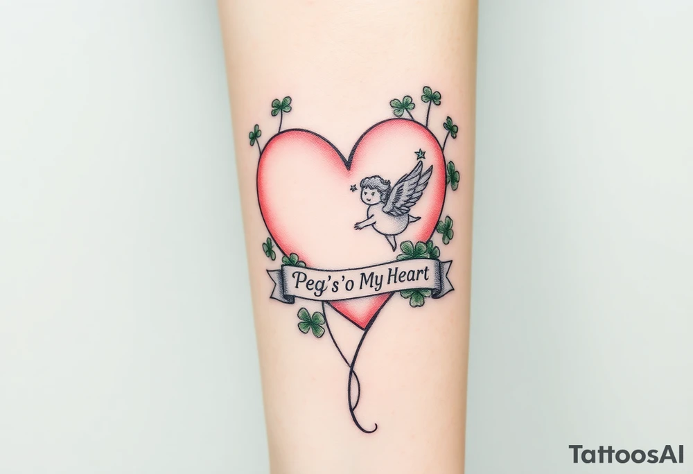a big pale pink heart and a whimsical angel in a bunch of green shamrocks, a banner across the heart that says Peg 'o My Heart tattoo idea