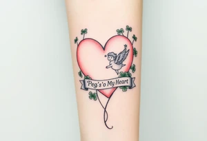 a big pale pink heart and a whimsical angel in a bunch of green shamrocks, a banner across the heart that says Peg 'o My Heart tattoo idea