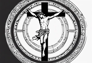 Crucified man inside a circle of Roman numerals tattoo idea