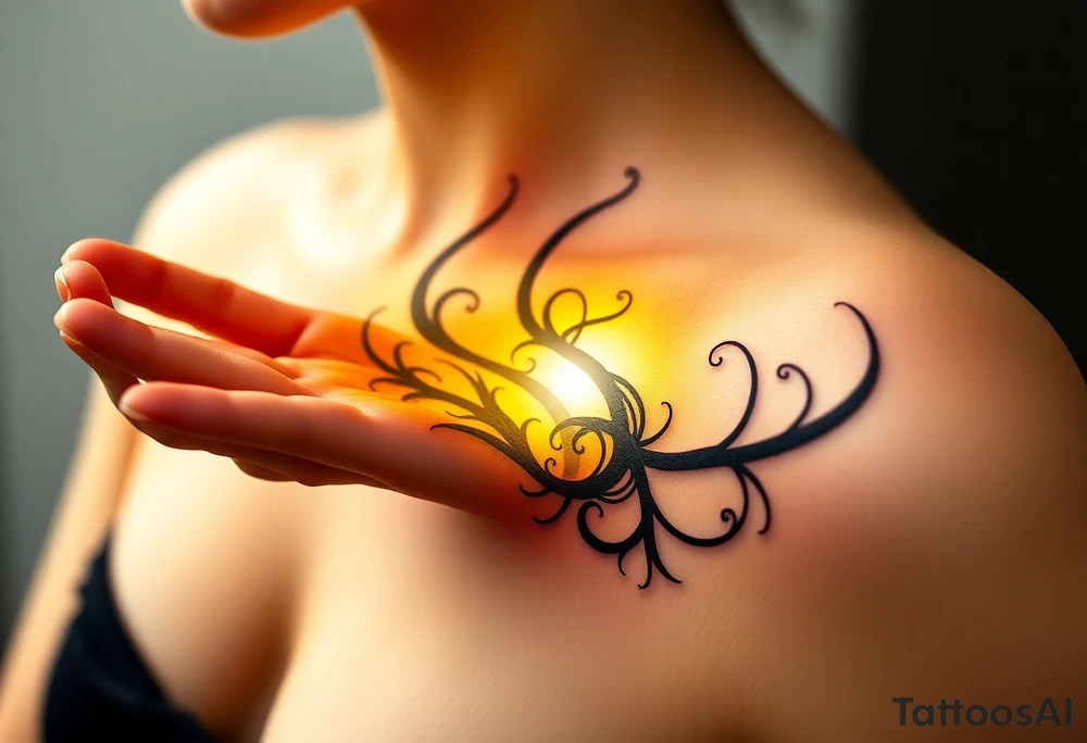 A soft golden light, spilling from an open hand, contrasting with shadowy black tendrils emerging from the other hand, representing a battle between inner purity and external corruption. The light is depicted in radiant yellows, while the dark side uses deep blues and blacks. tattoo idea
